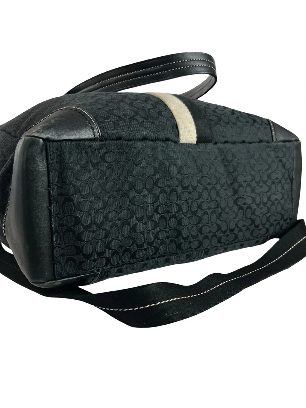 Coach Signature Stripe Multifunction Diaper Tote Bag Black Canvas Blue Interior
